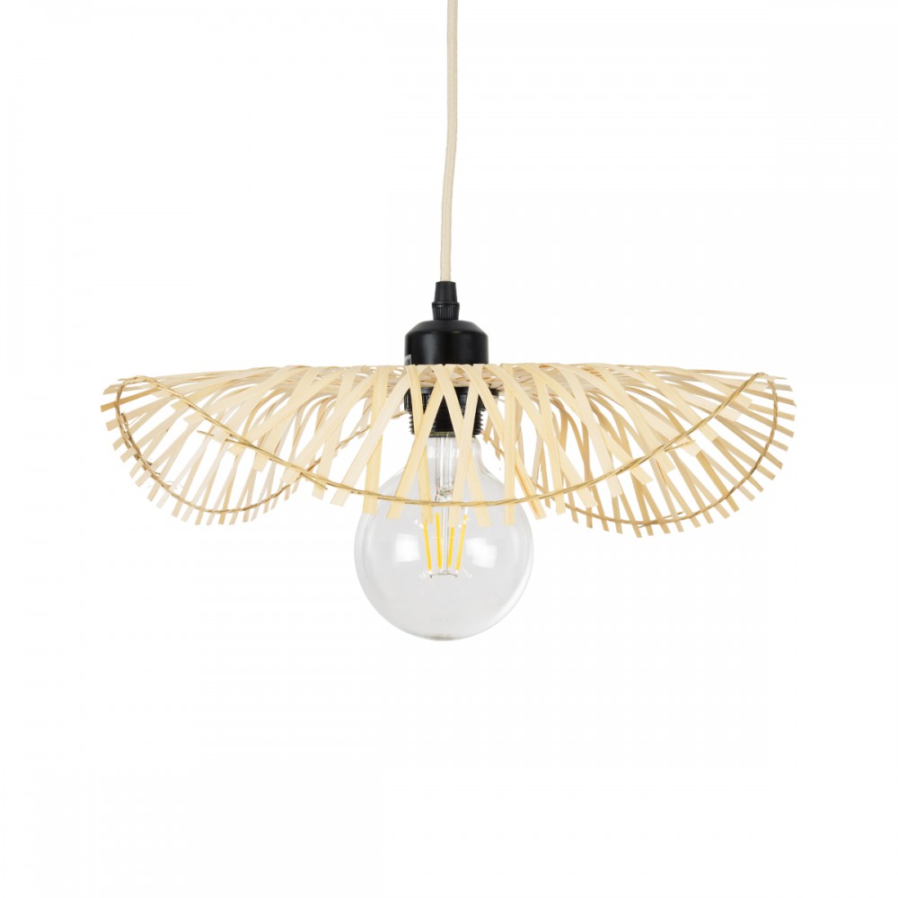 GloboStar® MELEMELE 01839 Boho Κρεμαστό Φωτιστικό Οροφής Μονόφωτο 1 x E27 AC220-240V IP20 - Φ35 x Υ4cm - Μπεζ Ξύλινο Μπαμπού Πλέγμα - 5 Χρόνια Εγγύηση