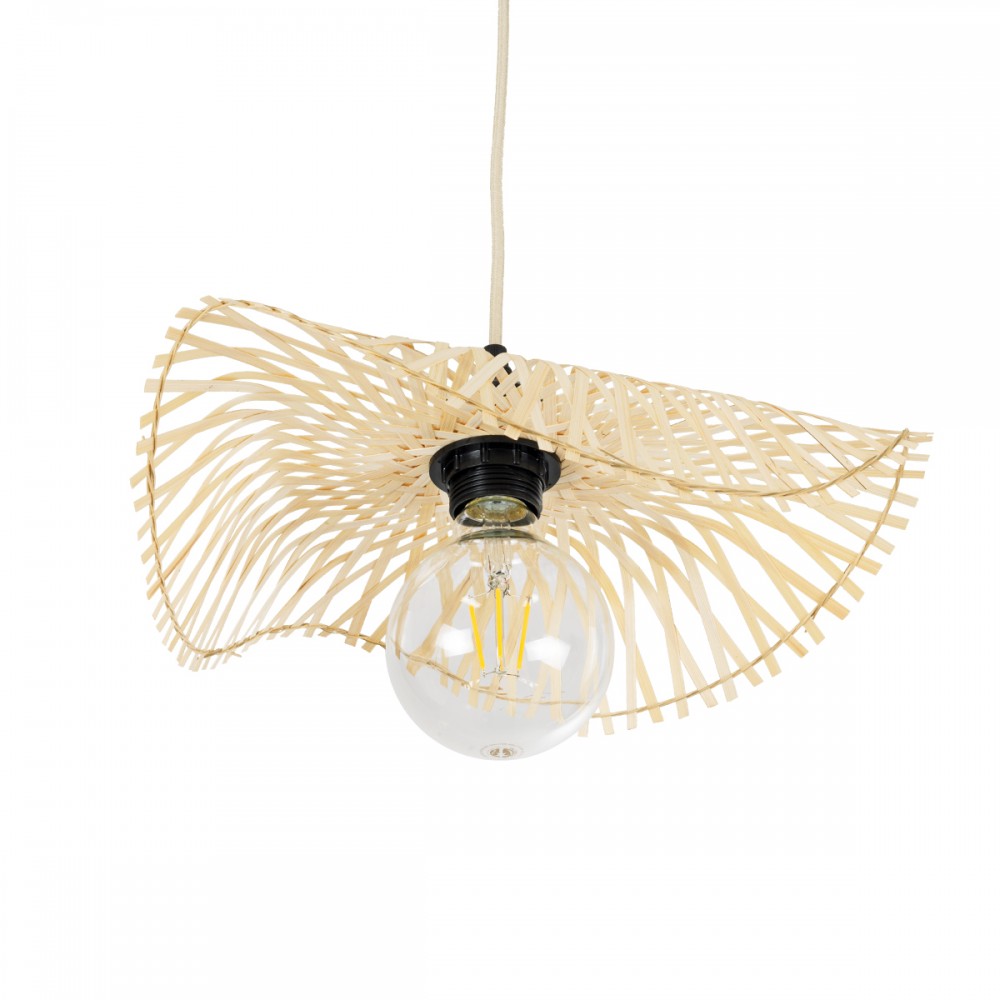 GloboStar® MELEMELE 01839 Boho Κρεμαστό Φωτιστικό Οροφής Μονόφωτο 1 x E27 AC220-240V IP20 - Φ35 x Υ4cm - Μπεζ Ξύλινο Μπαμπού Πλέγμα - 5 Χρόνια Εγγύηση