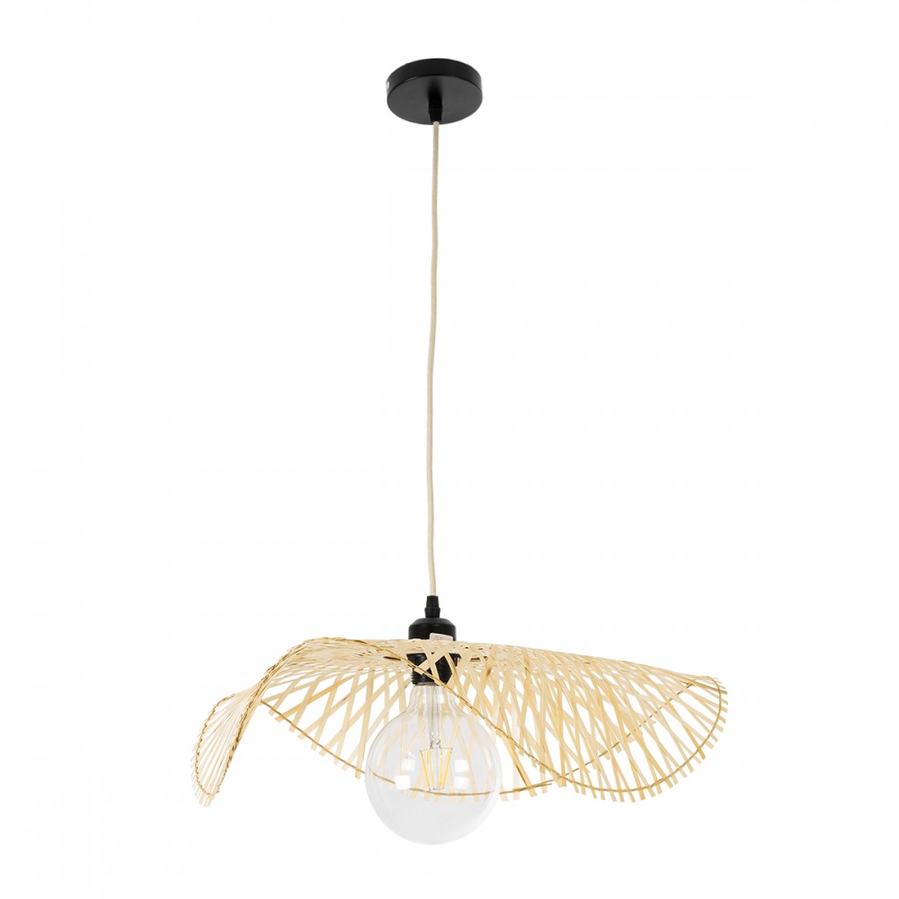 GloboStar® MELEMELE 01840 Boho Κρεμαστό Φωτιστικό Οροφής Μονόφωτο 1 x E27 AC220-240V IP20 - Φ50 x Υ7cm - Μπεζ Ξύλινο Μπαμπού Πλέγμα - 5 Χρόνια Εγγύηση