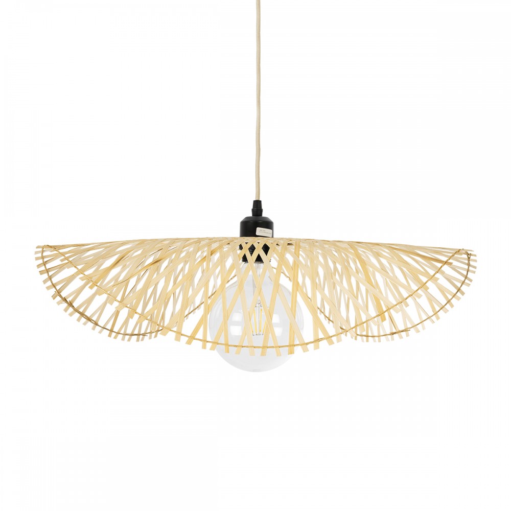 GloboStar® MELEMELE 01840 Boho Κρεμαστό Φωτιστικό Οροφής Μονόφωτο 1 x E27 AC220-240V IP20 - Φ50 x Υ7cm - Μπεζ Ξύλινο Μπαμπού Πλέγμα - 5 Χρόνια Εγγύηση