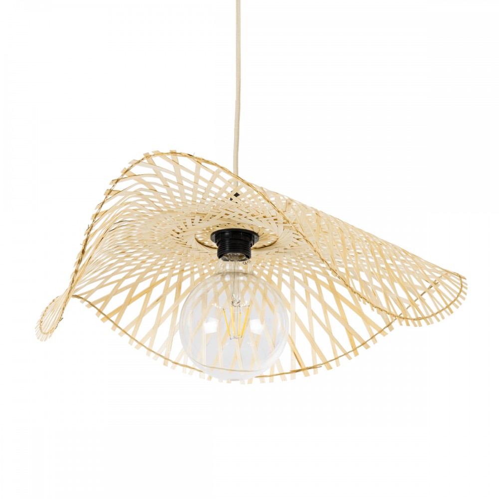 GloboStar® MELEMELE 01840 Boho Κρεμαστό Φωτιστικό Οροφής Μονόφωτο 1 x E27 AC220-240V IP20 - Φ50 x Υ7cm - Μπεζ Ξύλινο Μπαμπού Πλέγμα - 5 Χρόνια Εγγύηση