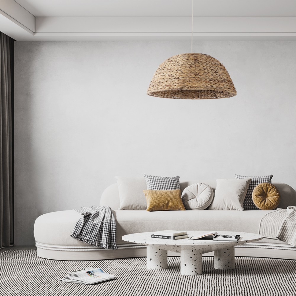GloboStar® MANGATA 01847 Boho Κρεμαστό Φωτιστικό Οροφής Μονόφωτο 1 x E27 AC220-240V IP20 - Φ60 x Υ28cm - Καφέ Water Hyacinth - Υδρουάκινθος Πλέγμα Καμπάνα - 5 Χρόνια Εγγύηση