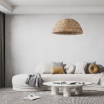 GloboStar® MANGATA 01847 Boho Κρεμαστό Φωτιστικό Οροφής Μονόφωτο 1 x E27 AC220-240V IP20 - Φ60 x Υ28cm - Καφέ Water Hyacinth - Υδρουάκινθος Πλέγμα Καμπάνα - 5 Χρόνια Εγγύηση