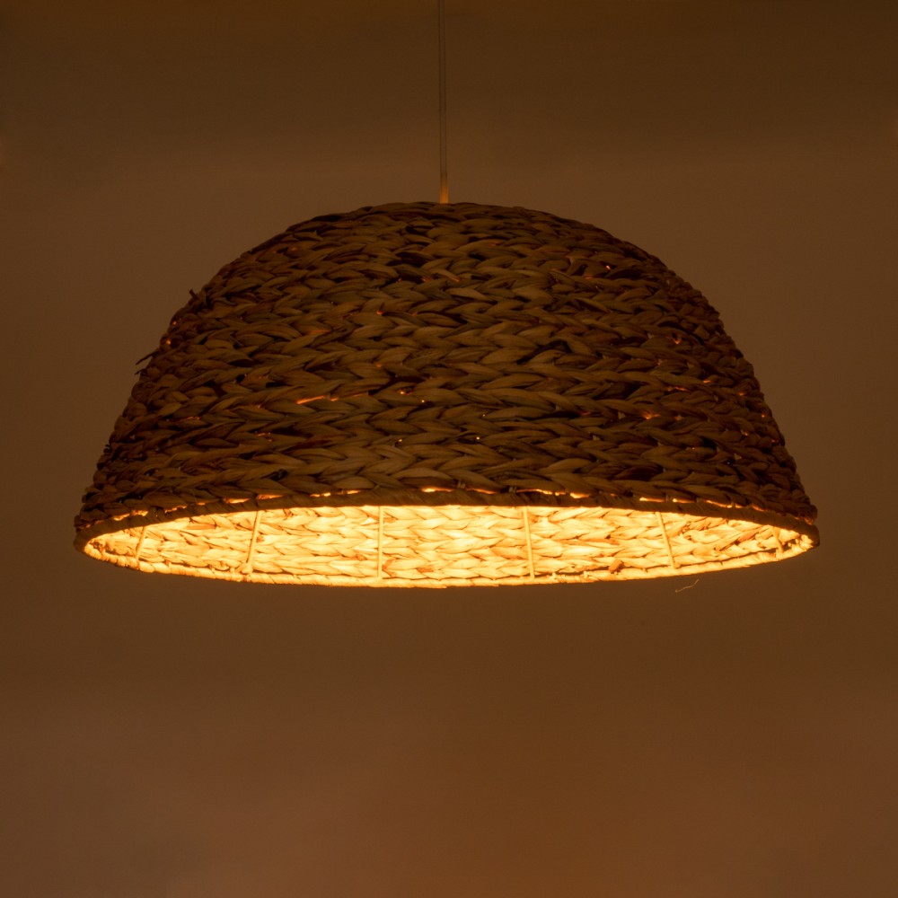 GloboStar® MANGATA 01847 Boho Κρεμαστό Φωτιστικό Οροφής Μονόφωτο 1 x E27 AC220-240V IP20 - Φ60 x Υ28cm - Καφέ Water Hyacinth - Υδρουάκινθος Πλέγμα Καμπάνα - 5 Χρόνια Εγγύηση