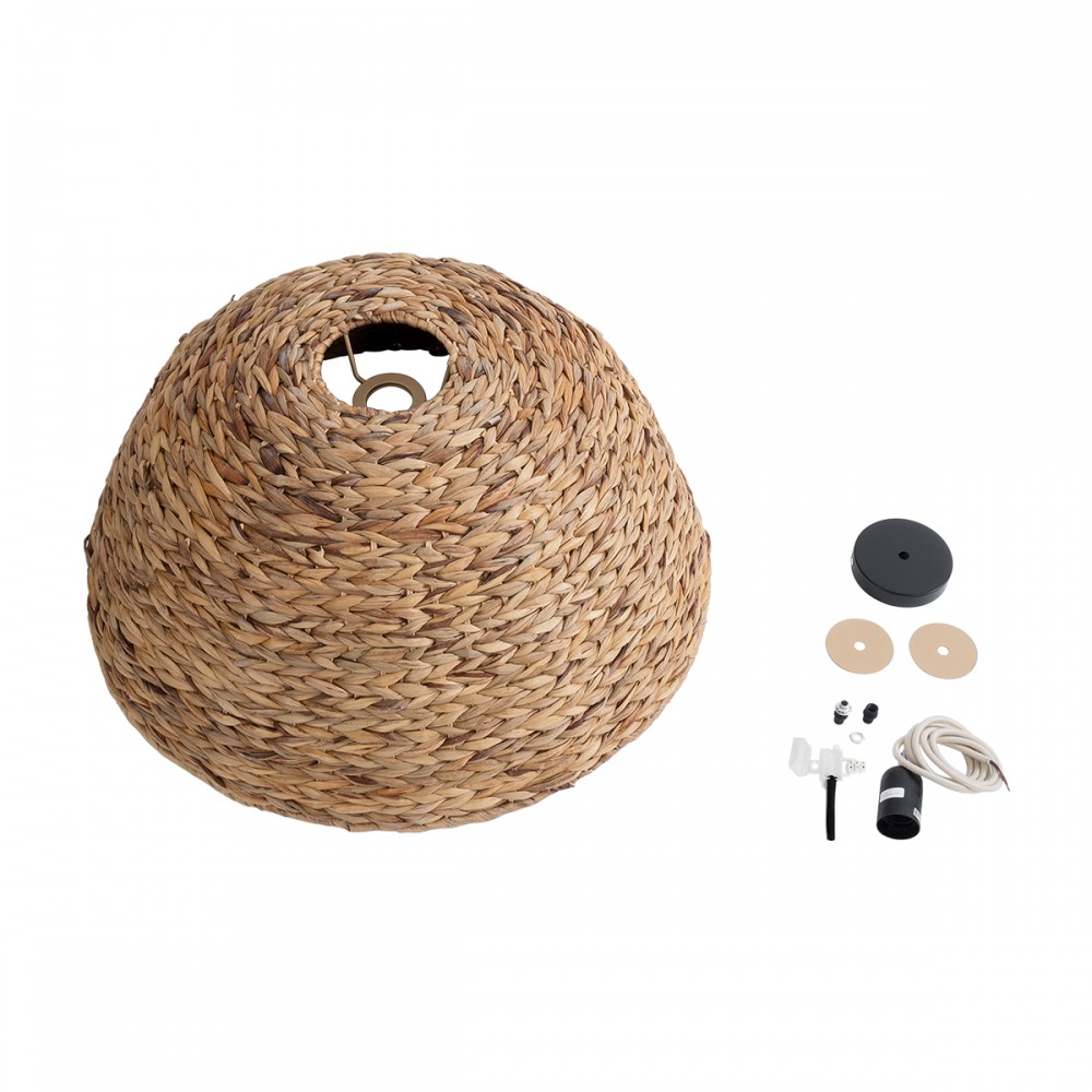 GloboStar® MANGATA 01847 Boho Κρεμαστό Φωτιστικό Οροφής Μονόφωτο 1 x E27 AC220-240V IP20 - Φ60 x Υ28cm - Καφέ Water Hyacinth - Υδρουάκινθος Πλέγμα Καμπάνα - 5 Χρόνια Εγγύηση