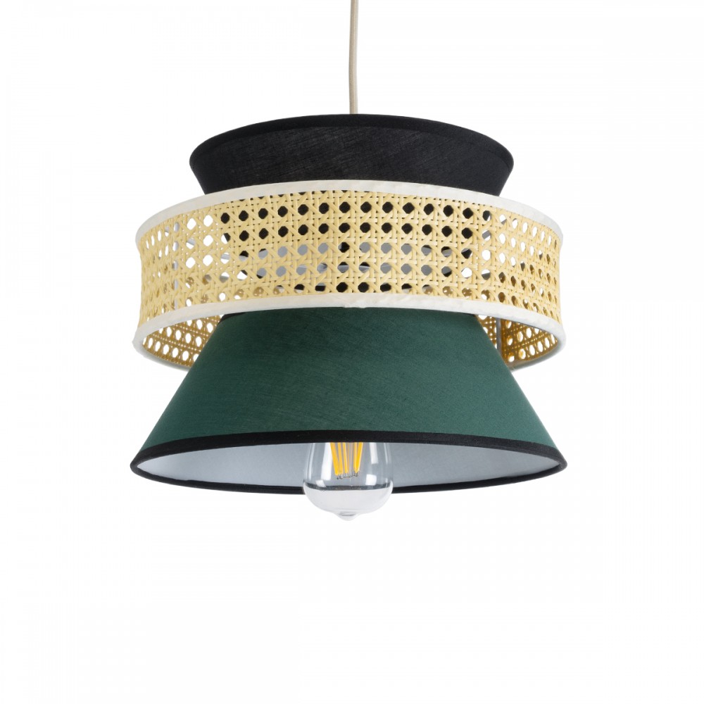 GloboStar® SAIGE 01915 Boho Κρεμαστό Φωτιστικό Πλέγμα Μονόφωτο 1 x E27 IP20 Μπεζ Ξύλο με Μαύρο & Πράσινο Ύφασμα - Μ30 x Π30 x Υ22cm