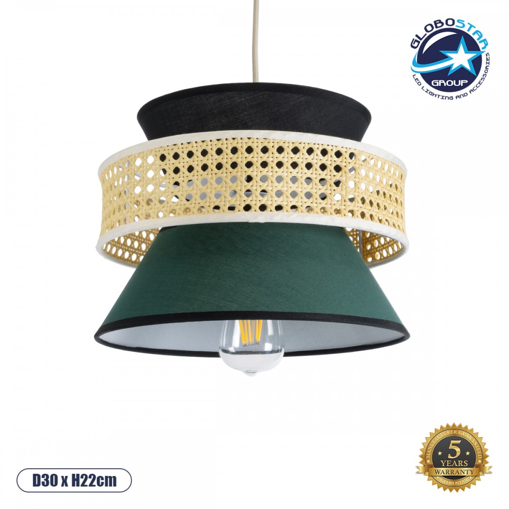 GloboStar® SAIGE 01915 Boho Κρεμαστό Φωτιστικό Πλέγμα Μονόφωτο 1 x E27 IP20 Μπεζ Ξύλο με Μαύρο & Πράσινο Ύφασμα - Μ30 x Π30 x Υ22cm