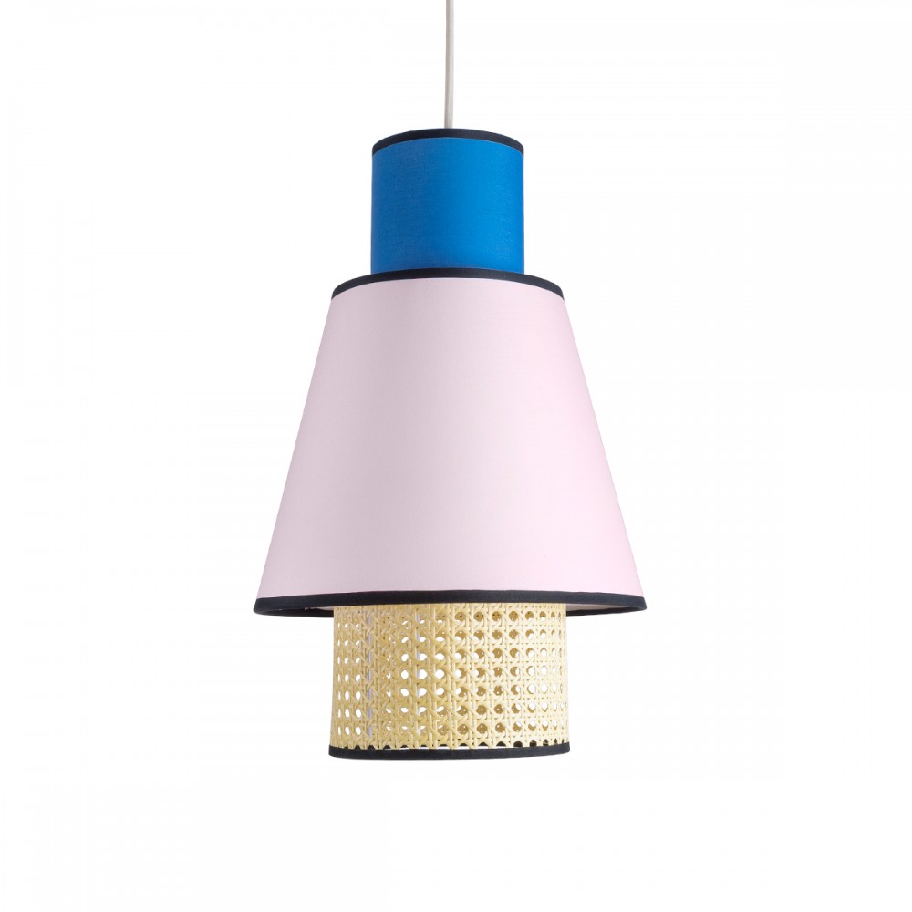 GloboStar® SAIGE 01921 Boho Κρεμαστό Φωτιστικό Οροφής Μονόφωτο 1 x E27 AC220-240V IP20 - Φ30 x Υ48cm - Μπεζ Μπαμπού Πλέγμα με Ροζ και Μπλε Υφασμάτινο Καπέλο - 5 Χρόνια Εγγύηση