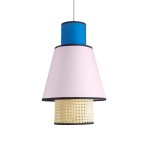 GloboStar® SAIGE 01921 Boho Κρεμαστό Φωτιστικό Οροφής Μονόφωτο 1 x E27 AC220-240V IP20 - Φ30 x Υ48cm - Μπεζ Μπαμπού Πλέγμα με Ροζ και Μπλε Υφασμάτινο Καπέλο - 5 Χρόνια Εγγύηση