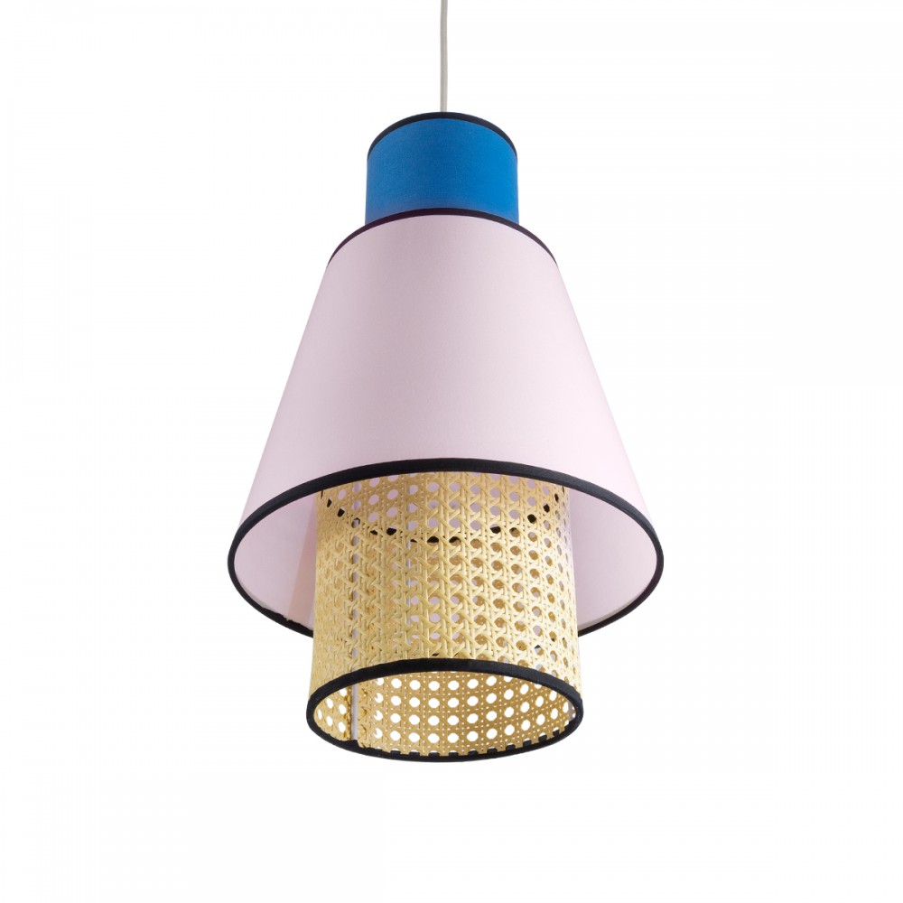 GloboStar® SAIGE 01921 Boho Κρεμαστό Φωτιστικό Οροφής Μονόφωτο 1 x E27 AC220-240V IP20 - Φ30 x Υ48cm - Μπεζ Μπαμπού Πλέγμα με Ροζ και Μπλε Υφασμάτινο Καπέλο - 5 Χρόνια Εγγύηση