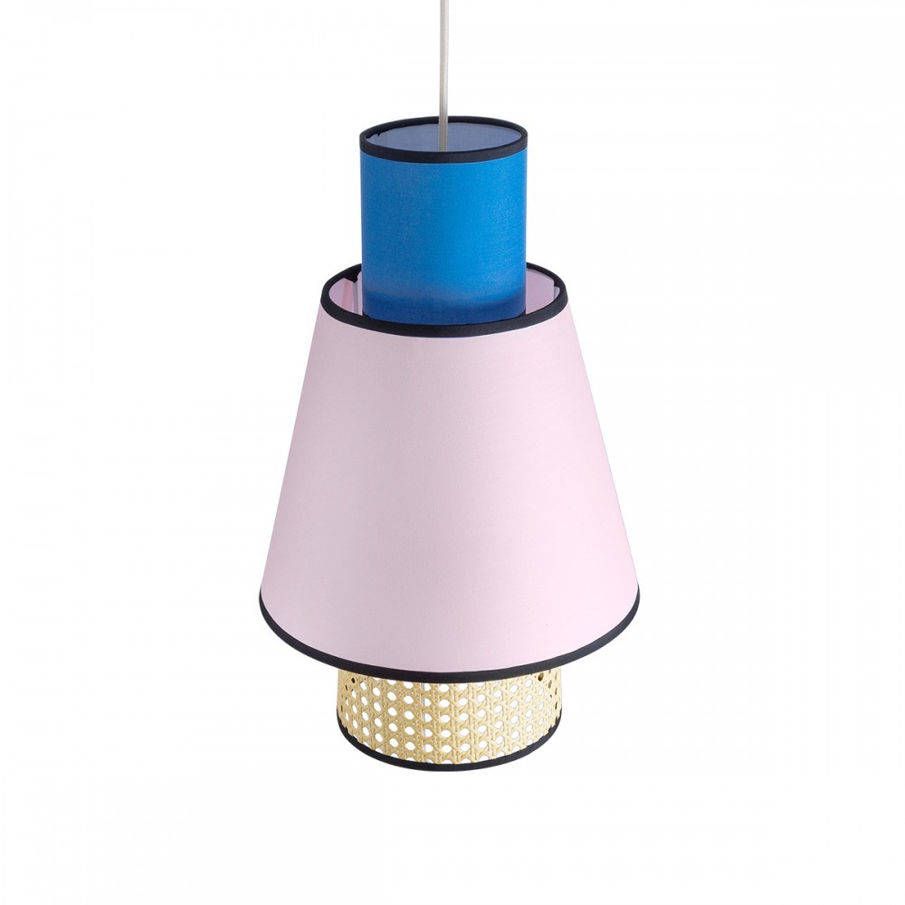GloboStar® SAIGE 01921 Boho Κρεμαστό Φωτιστικό Οροφής Μονόφωτο 1 x E27 AC220-240V IP20 - Φ30 x Υ48cm - Μπεζ Μπαμπού Πλέγμα με Ροζ και Μπλε Υφασμάτινο Καπέλο - 5 Χρόνια Εγγύηση