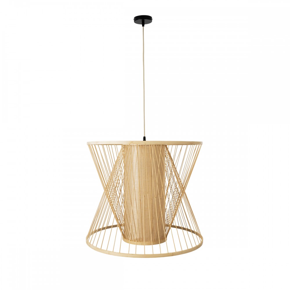 GloboStar® HIBISCUS 01925 Boho Κρεμαστό Φωτιστικό Οροφής Μονόφωτο 1 x E27 AC220-240V IP20 - Φ60 x Υ50cm - Μπεζ Ξύλινο Πλέγμα - 5 Years Warranty