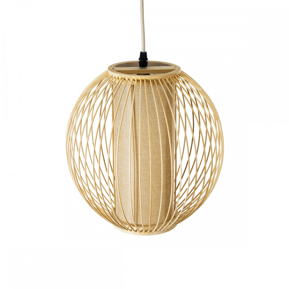 GloboStar® HIBISCUS 01934 Boho Κρεμαστό Φωτιστικό Οροφής Μονόφωτο 1 x E27 AC220-240V IP20 - Φ28 x Υ28cm - Μπεζ Ξύλινο Πλέγμα - 5 Years Warranty