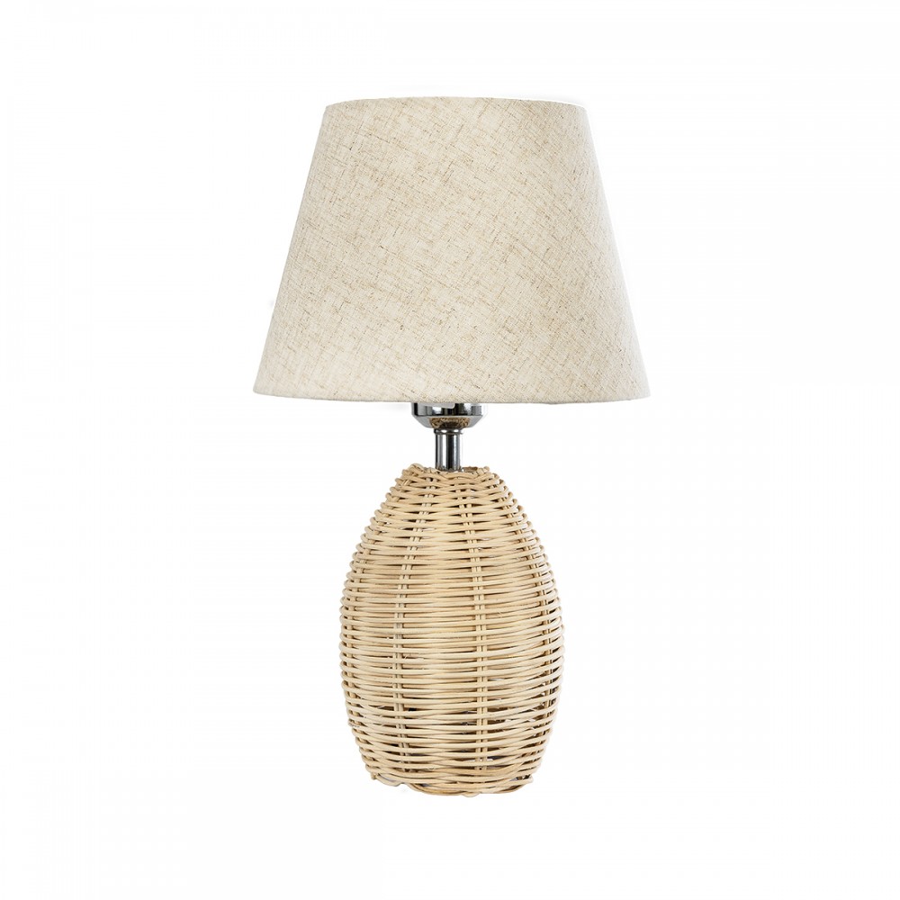 GloboStar® HASUMI 01956 Boho Επιτραπέζιο Φωτιστικό Πορτατίφ Μονόφωτο 1 x E27 AC220-240V IP20 - Φ23 x Υ40cm - Μπεζ Ξύλινο Ρατάν Πλέγμα με Μπεζ Καπέλο - 5 Χρόνια Εγγύηση