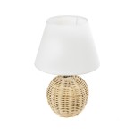 GloboStar® HASUMI 01957 Boho Επιτραπέζιο Φωτιστικό Πορτατίφ Μονόφωτο 1 x E27 AC220-240V IP20 - Φ19 x Υ30cm - Μπεζ Ξύλινο Ρατάν Πλέγμα με Λευκό Καπέλο - 5 Χρόνια Εγγύηση