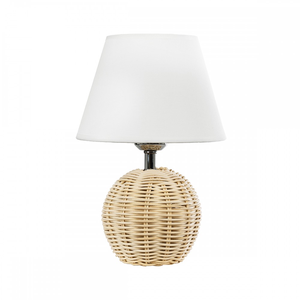 GloboStar® HASUMI 01957 Boho Επιτραπέζιο Φωτιστικό Πορτατίφ Μονόφωτο 1 x E27 AC220-240V IP20 - Φ19 x Υ30cm - Μπεζ Ξύλινο Ρατάν Πλέγμα με Λευκό Καπέλο - 5 Χρόνια Εγγύηση