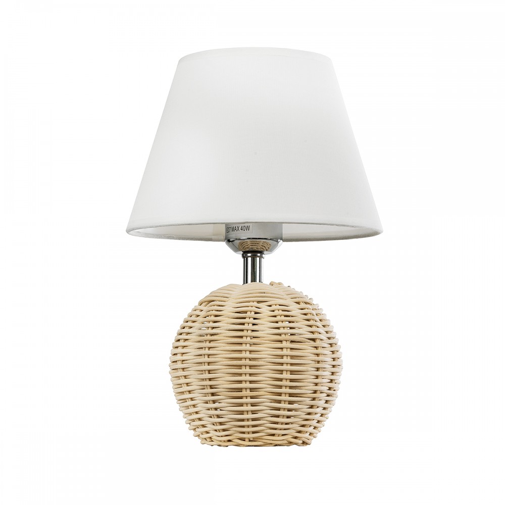 GloboStar® HASUMI 01957 Boho Επιτραπέζιο Φωτιστικό Πορτατίφ Μονόφωτο 1 x E27 AC220-240V IP20 - Φ19 x Υ30cm - Μπεζ Ξύλινο Ρατάν Πλέγμα με Λευκό Καπέλο - 5 Χρόνια Εγγύηση