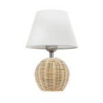 GloboStar® HASUMI 01957 Boho Επιτραπέζιο Φωτιστικό Πορτατίφ Μονόφωτο 1 x E27 AC220-240V IP20 - Φ19 x Υ30cm - Μπεζ Ξύλινο Ρατάν Πλέγμα με Λευκό Καπέλο - 5 Χρόνια Εγγύηση