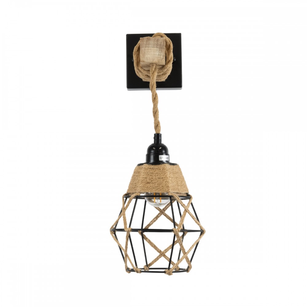 GloboStar® BELLARIVA 01961 Boho Φωτιστικό Τοίχου - Απλίκα Μονόφωτο 1 x E27 AC 220-240V IP20 - Μ10 x Π30 x Υ43cm - Μαύρο Μεταλλικό με Ξύλο και Μπεζ Σχοινί Πλεγμα - 5 Χρόνια Εγγύηση