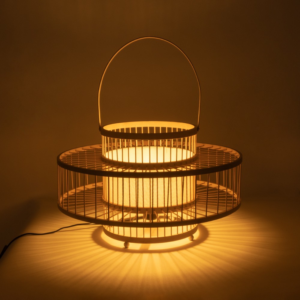 GloboStar® SORENIA 02003 Boho Επιδαπέδιο Φωτιστικό Μονόφωτο 1 x E27 AC220-240V IP20 - Φ48 x Υ27cm - Μπεζ Ξύλινο Μπαμπού Πλέγμα - 5 Χρόνια Εγγύηση