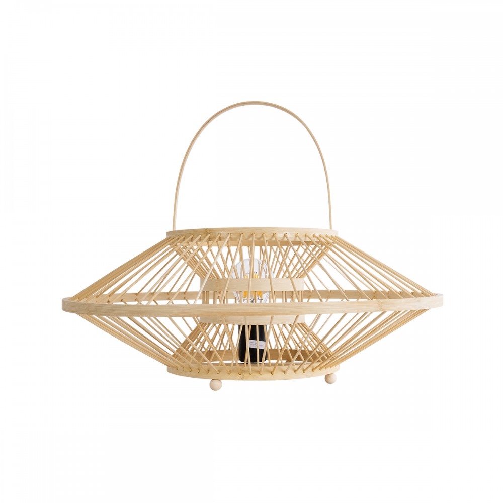 GloboStar® SORENIA 02005 Boho Επιτραπέζιο Φωτιστικό Μονόφωτο 1 x E27 AC220-240V IP20 - Φ50 x Υ18cm - Μπεζ Ξύλινο Μπαμπού Πλέγμα - 5 Χρόνια Εγγύηση