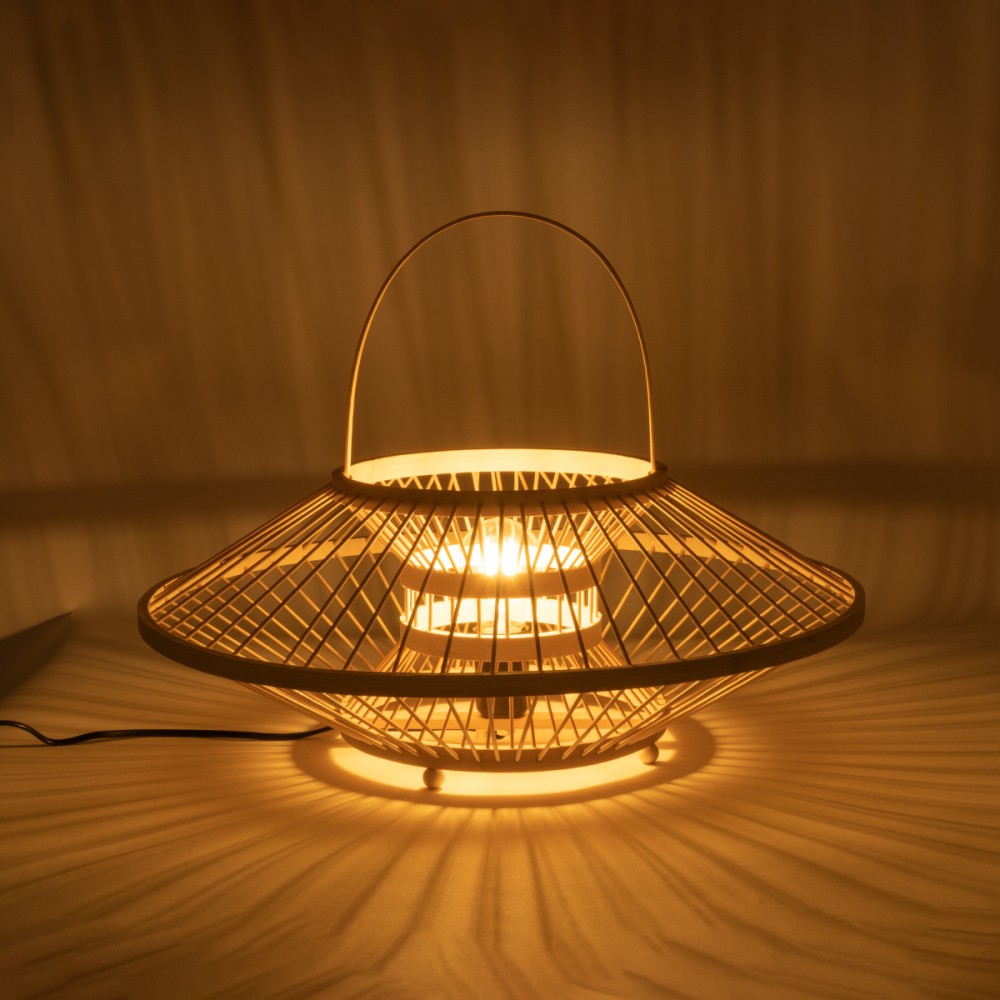 GloboStar® SORENIA 02005 Boho Επιτραπέζιο Φωτιστικό Μονόφωτο 1 x E27 AC220-240V IP20 - Φ50 x Υ18cm - Μπεζ Ξύλινο Μπαμπού Πλέγμα - 5 Χρόνια Εγγύηση