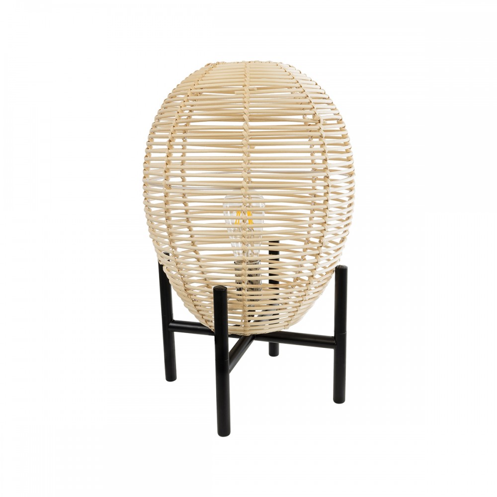 GloboStar® NERINA 02014 Boho Επιτραπέζιο Φωτιστικό Πορτατίφ Μονόφωτο 1 x E27 AC220-240V IP20 - Φ30 x Υ50cm - Μαύρο Μεταλλικό με Μπεζ Ρατάν Καπέλο Πλέγμα - 5 Χρόνια Εγγύηση