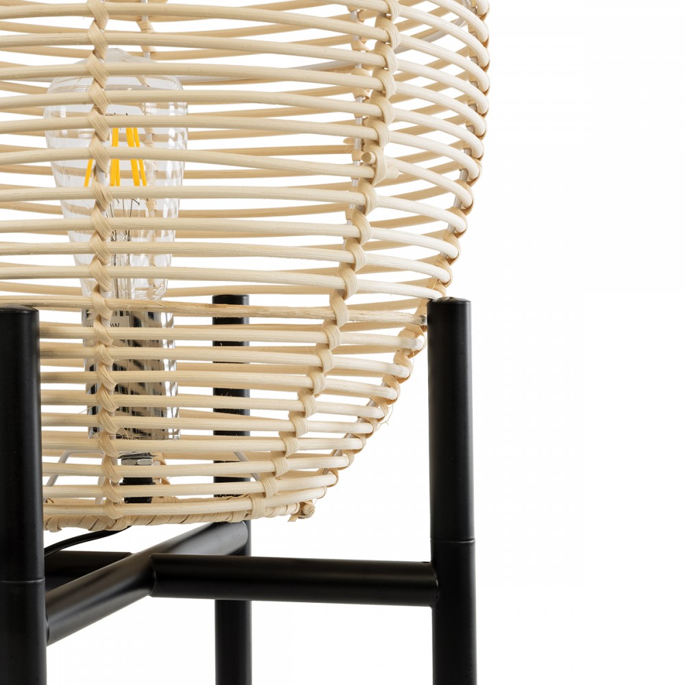 GloboStar® NERINA 02014 Boho Επιτραπέζιο Φωτιστικό Πορτατίφ Μονόφωτο 1 x E27 AC220-240V IP20 - Φ30 x Υ50cm - Μαύρο Μεταλλικό με Μπεζ Ρατάν Καπέλο Πλέγμα - 5 Χρόνια Εγγύηση