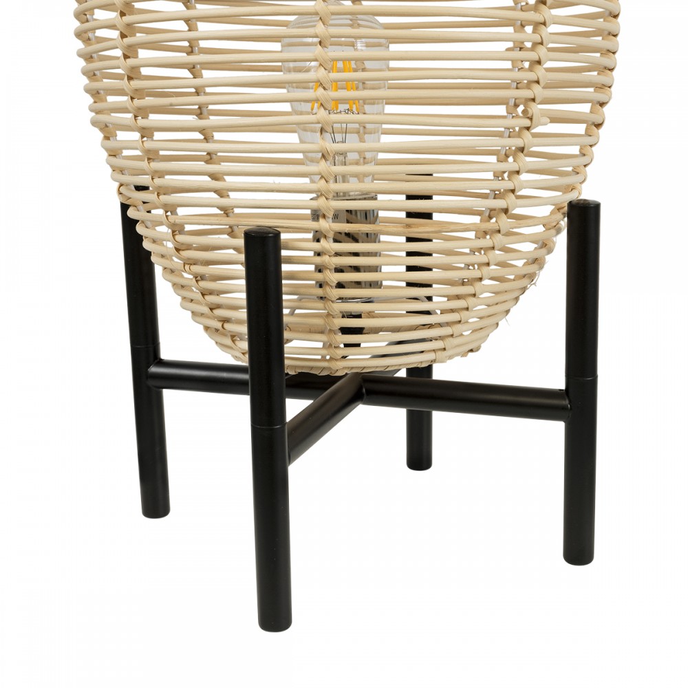 GloboStar® NERINA 02014 Boho Επιτραπέζιο Φωτιστικό Πορτατίφ Μονόφωτο 1 x E27 AC220-240V IP20 - Φ30 x Υ50cm - Μαύρο Μεταλλικό με Μπεζ Ρατάν Καπέλο Πλέγμα - 5 Χρόνια Εγγύηση