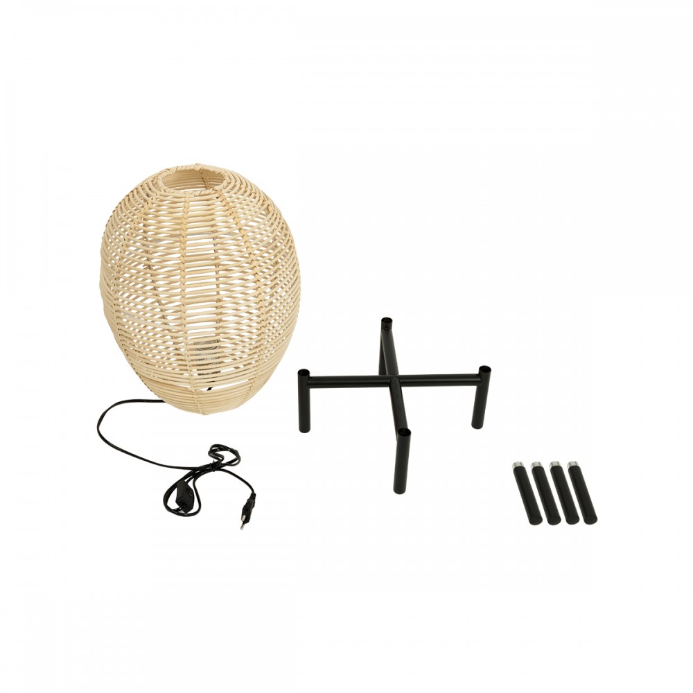 GloboStar® NERINA 02014 Boho Επιτραπέζιο Φωτιστικό Πορτατίφ Μονόφωτο 1 x E27 AC220-240V IP20 - Φ30 x Υ50cm - Μαύρο Μεταλλικό με Μπεζ Ρατάν Καπέλο Πλέγμα - 5 Χρόνια Εγγύηση