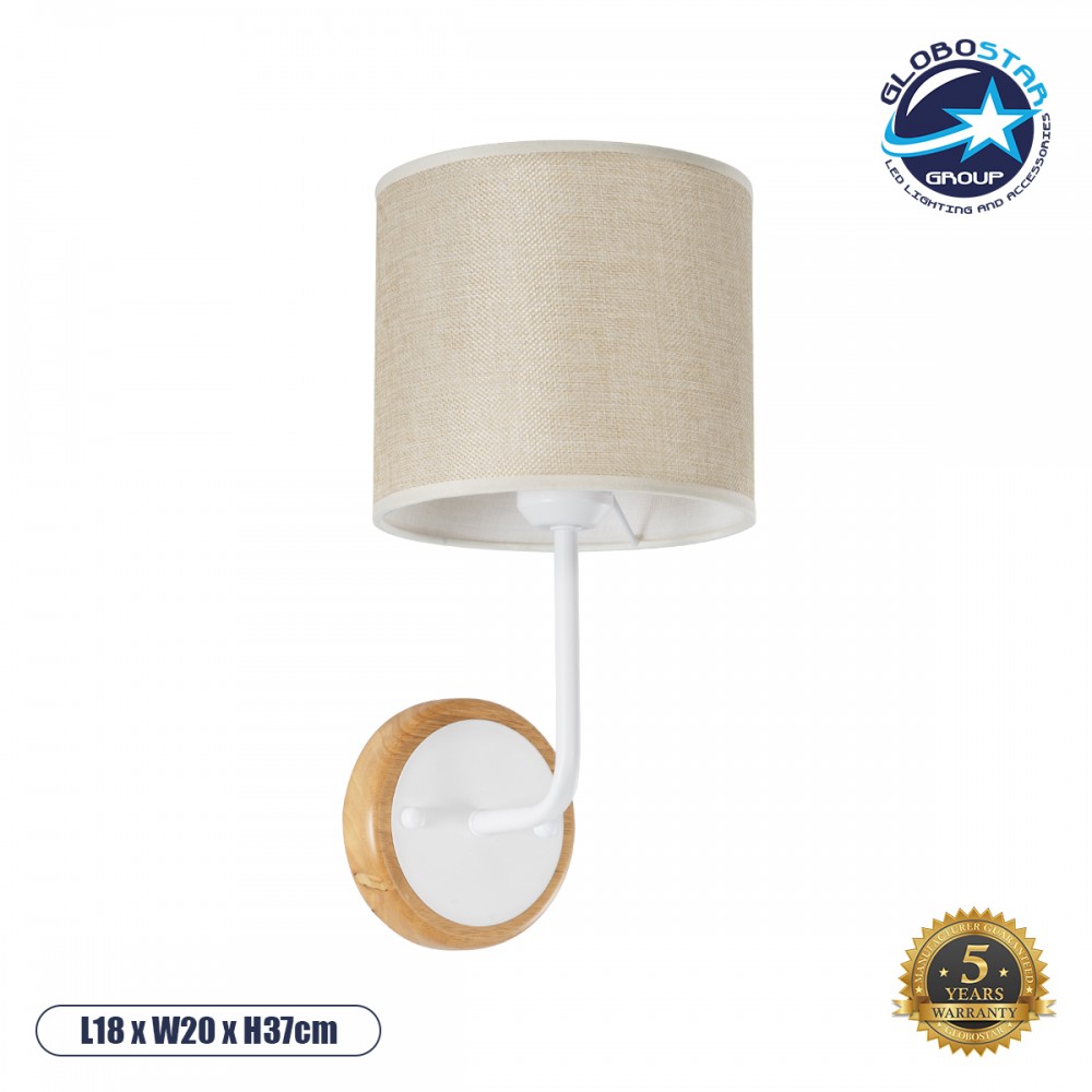 GloboStar® MANU 02044 Μοντέρνο Επιτοίχιο Φωτιστικό Απλίκα Μονόφωτο 1 x E27 IP20 Λευκό Μέταλλο, Μπεζ Ξύλο με Μπεζ Ύφασμα - Μ18 x Π20 x Υ37cm