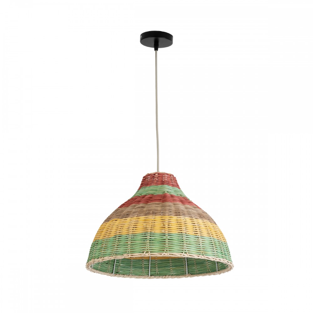 GloboStar® CABALLEROS 02053 Boho Κρεμαστό Φωτιστικό Οροφής Μονόφωτο 1 x E27 AC220-240V IP20 - Φ40 x Υ27cm - Πράσινο με Κίτρινο και Μπεζ με Κόκκινο Ξύλινο Μπαμπού Πλέγμα Καμπάνα - 5 Χρόνια Εγγύηση