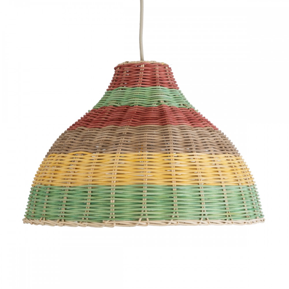 GloboStar® CABALLEROS 02053 Boho Κρεμαστό Φωτιστικό Οροφής Μονόφωτο 1 x E27 AC220-240V IP20 - Φ40 x Υ27cm - Πράσινο με Κίτρινο και Μπεζ με Κόκκινο Ξύλινο Μπαμπού Πλέγμα Καμπάνα - 5 Χρόνια Εγγύηση
