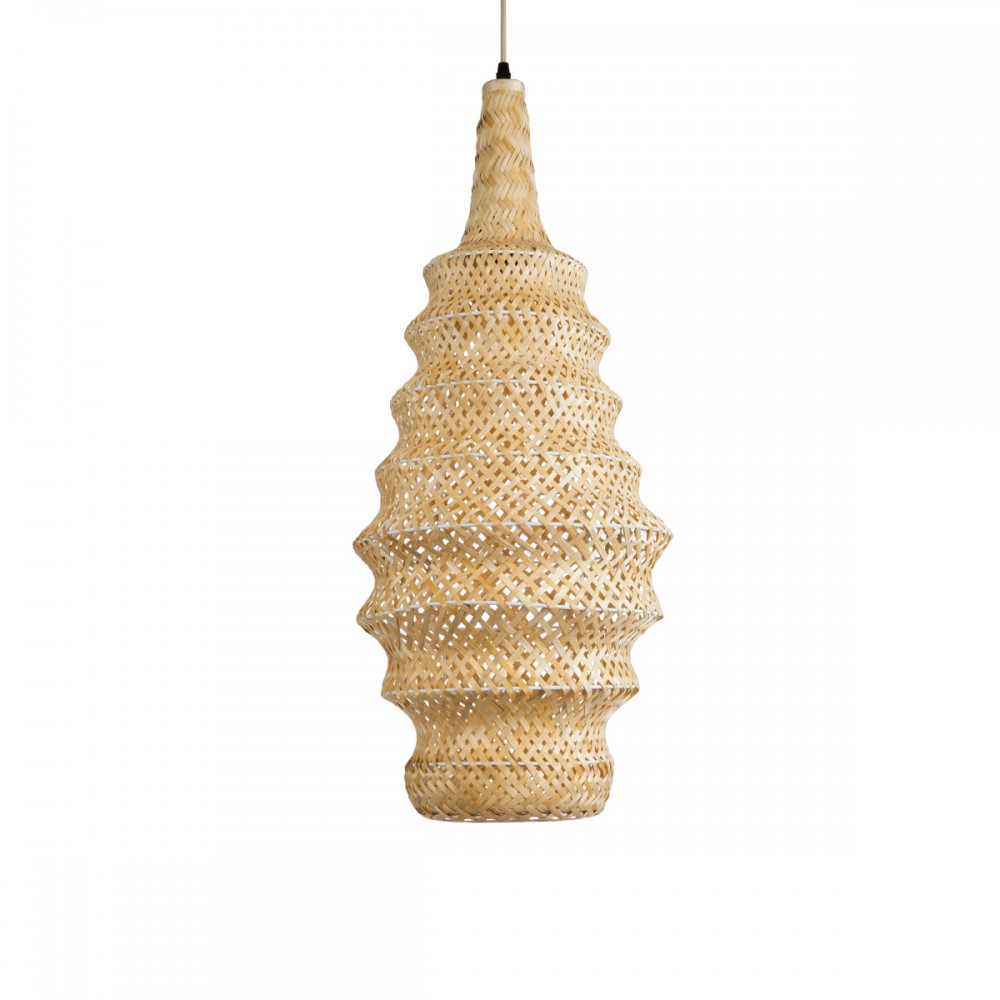 GloboStar® MAUI 02114 Boho Κρεμαστό Φωτιστικό Οροφής Μονόφωτο 1 x E27 AC220-240V IP20 - Φ30 x Υ77cm - Μπεζ Ξύλινο Μπαμπού Πλέγμα - 5 Χρόνια Εγγύηση