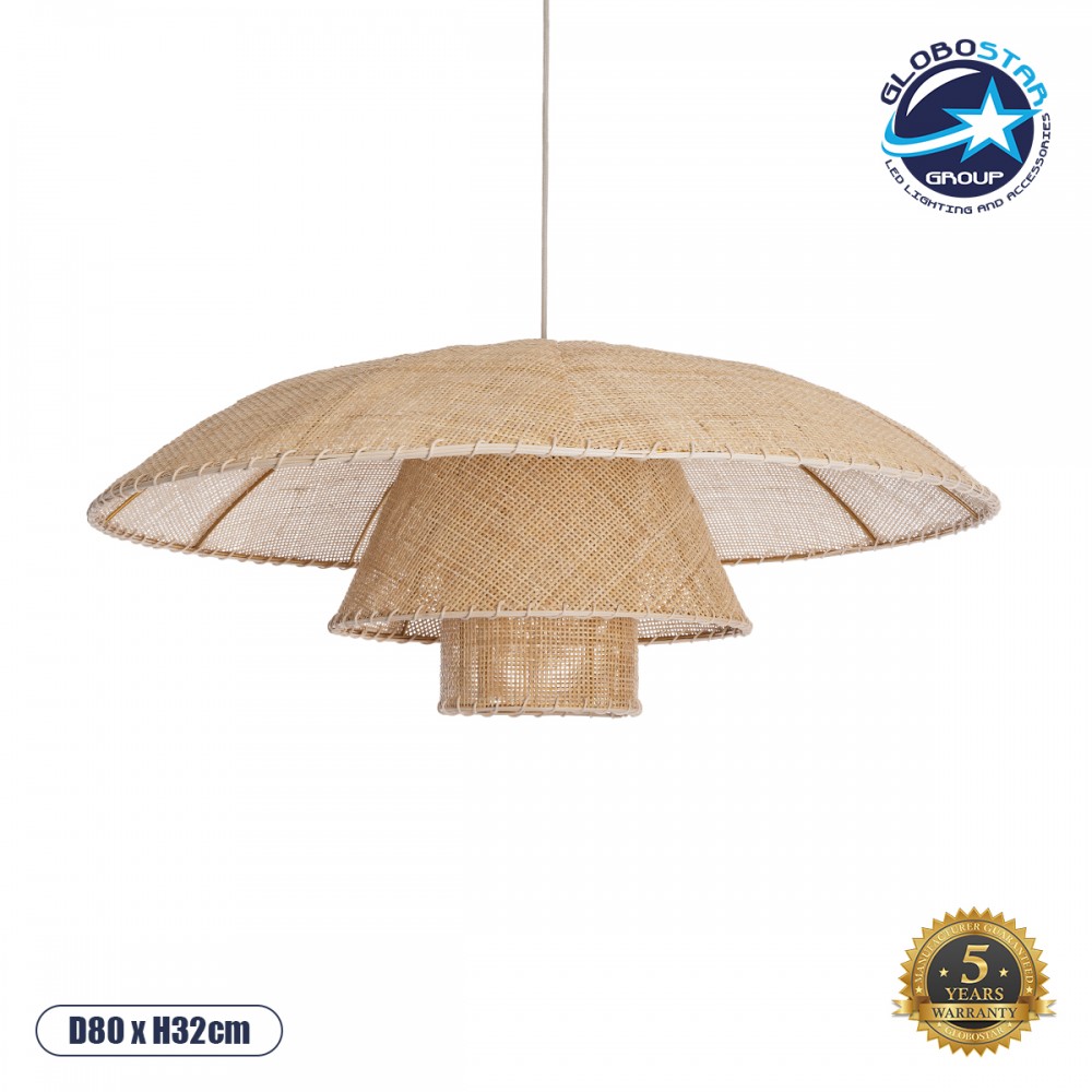 GloboStar® ZORA 02139 Boho Κρεμαστό Φωτιστικό Καμπάνα Μονόφωτο 1 x E27 IP20 Μπεζ Ύφασμα - Μ80 x Π80 x Υ32cm