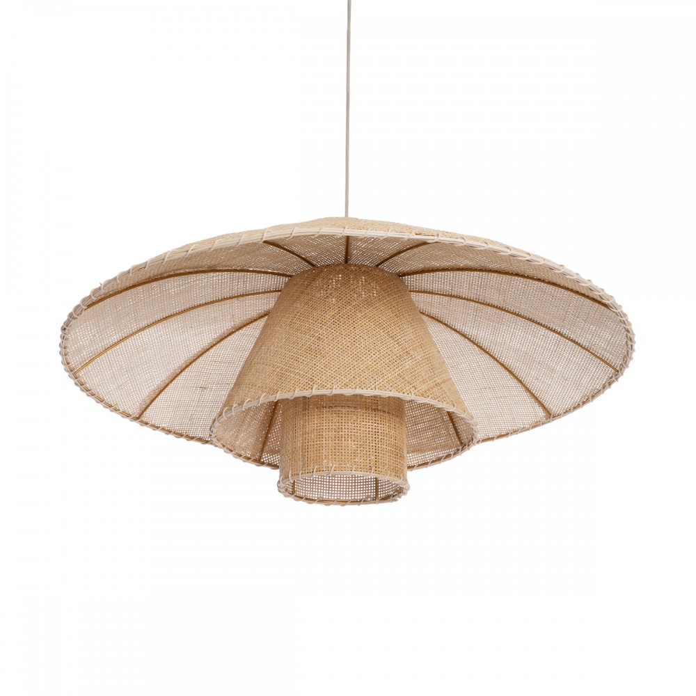 GloboStar® ZORA 02139 Boho Κρεμαστό Φωτιστικό Οροφής Μονόφωτο 1 x E27 AC220-240V IP20 - Φ80 x Υ32cm - Μπεζ Υφασμάτινο Καμπάνα - 5 Χρόνια Εγγύηση