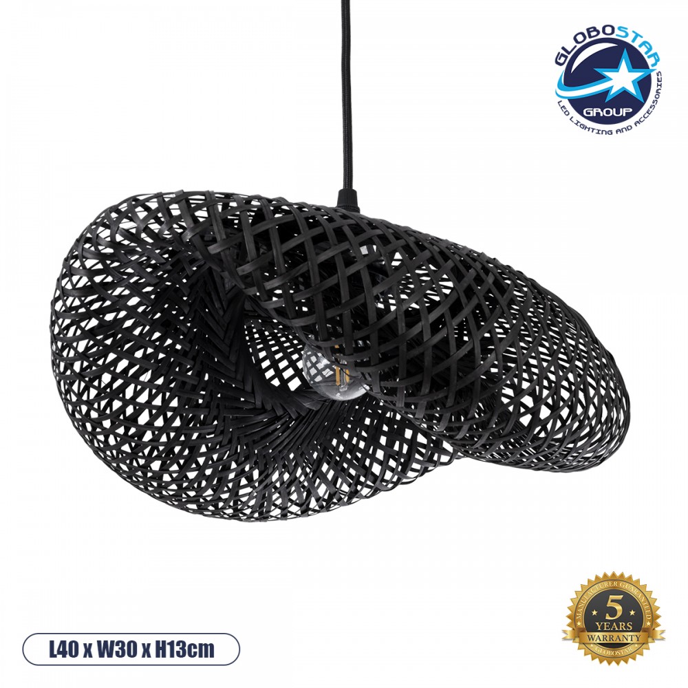 GloboStar® MEXICO 02200 Boho Κρεμαστό Φωτιστικό Πλέγμα Μονόφωτο 1 x E27 IP20 Μαύρο Ξύλο - Μ40 x Π30 x Υ13cm