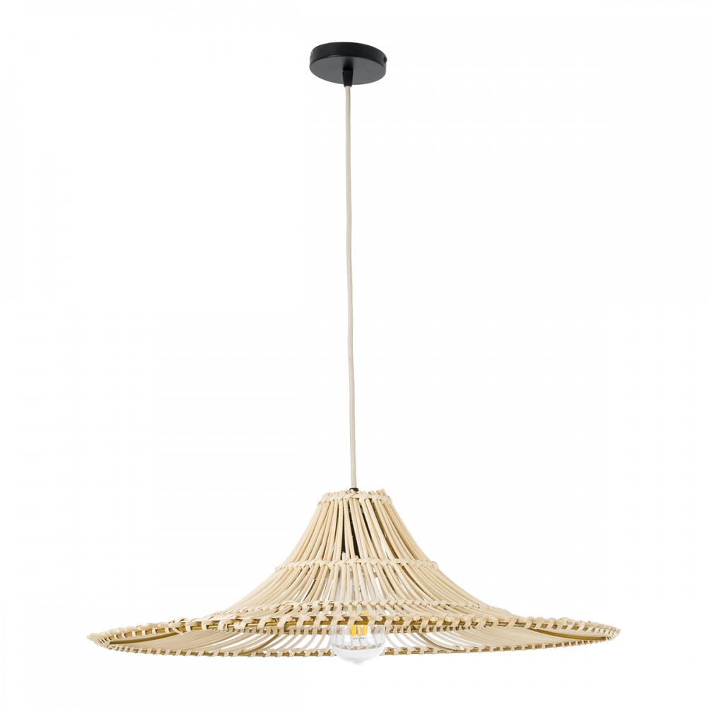 GloboStar® PALERMO 02208 Boho Κρεμαστό Φωτιστικό Οροφής Μονόφωτο 1 x E27 AC220-240V IP20 - Φ60 x Υ20cm - Μπεζ Ξύλινο Μπαμπού Πλέγμα - 5 Χρόνια Εγγύηση