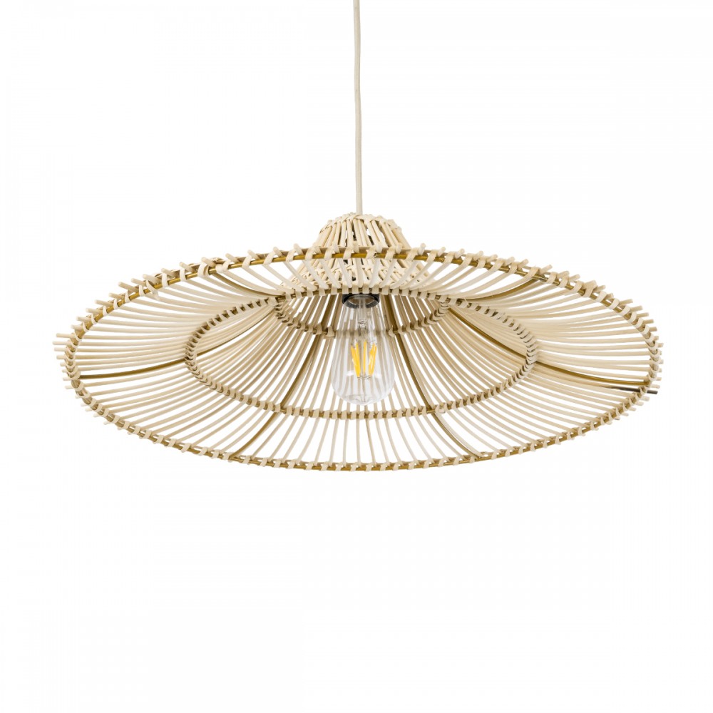 GloboStar® PALERMO 02208 Boho Κρεμαστό Φωτιστικό Οροφής Μονόφωτο 1 x E27 AC220-240V IP20 - Φ60 x Υ20cm - Μπεζ Ξύλινο Μπαμπού Πλέγμα - 5 Χρόνια Εγγύηση