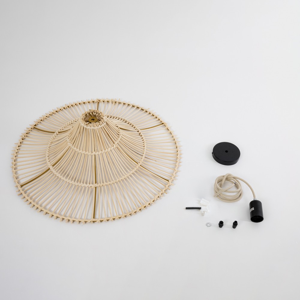 GloboStar® PALERMO 02208 Boho Κρεμαστό Φωτιστικό Οροφής Μονόφωτο 1 x E27 AC220-240V IP20 - Φ60 x Υ20cm - Μπεζ Ξύλινο Μπαμπού Πλέγμα - 5 Χρόνια Εγγύηση