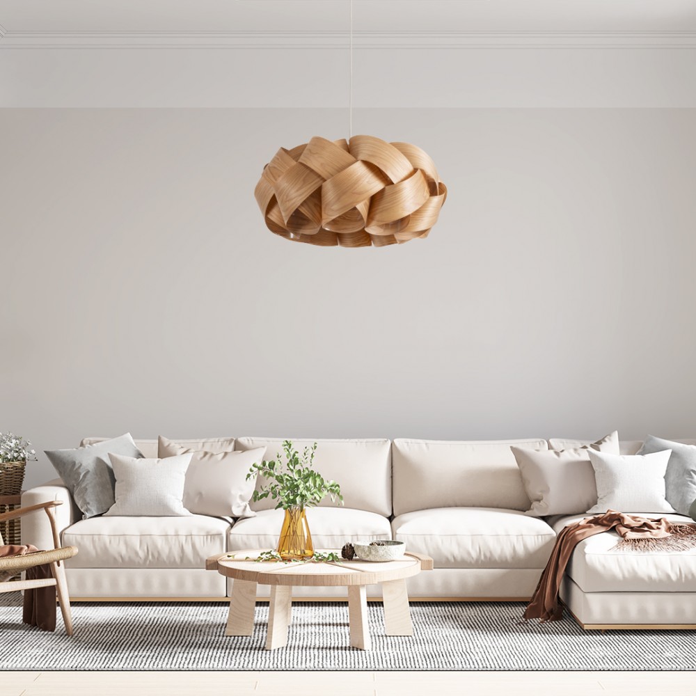 GloboStar® SARDIGNA 02218 Boho Κρεμαστό Φωτιστικό Οροφής Μονόφωτο 1 x E27 AC220-240V IP20 - Φ60 x Υ30cm - Καφέ Λεπτό Φύλλο Ξύλου Πλέγμα - 5 Χρόνια Εγγύηση