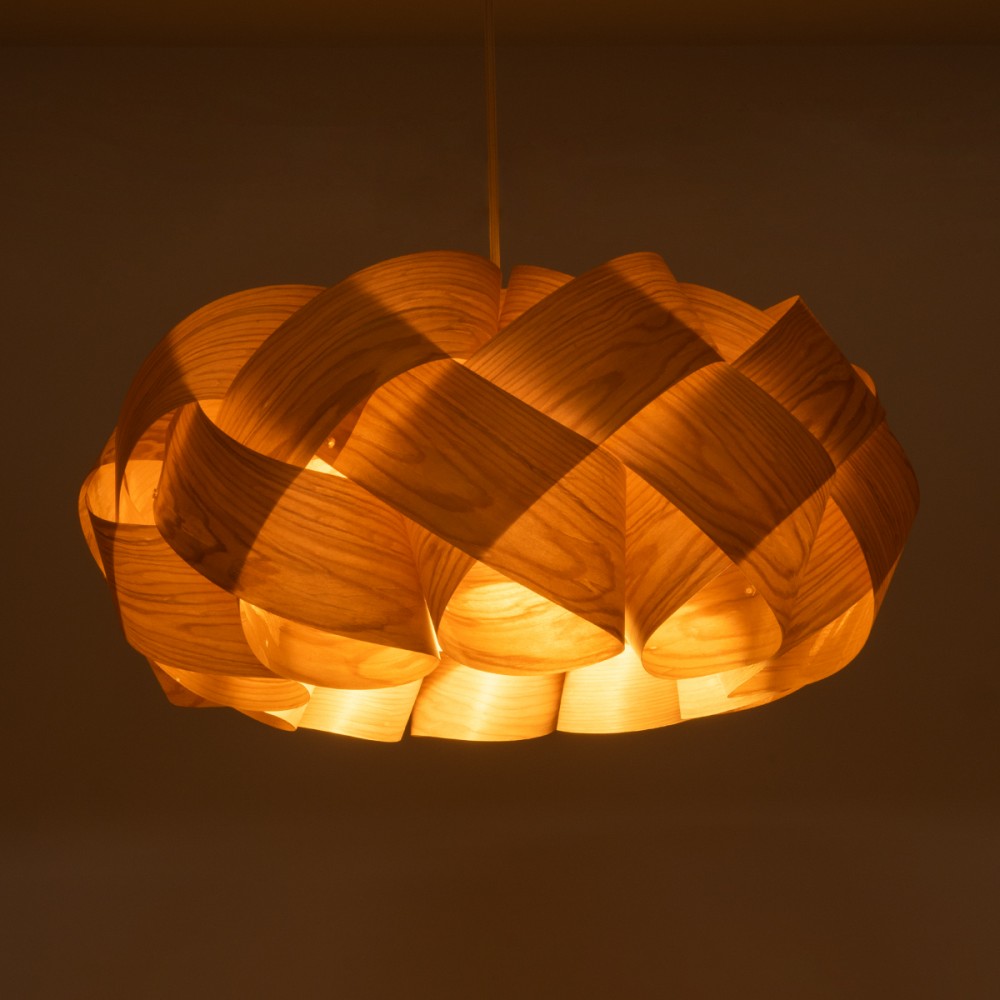 GloboStar® SARDIGNA 02218 Boho Κρεμαστό Φωτιστικό Οροφής Μονόφωτο 1 x E27 AC220-240V IP20 - Φ60 x Υ30cm - Καφέ Λεπτό Φύλλο Ξύλου Πλέγμα - 5 Χρόνια Εγγύηση
