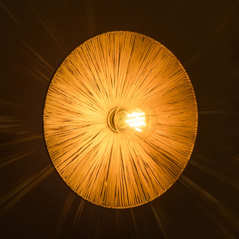 GloboStar® COLOMBO 02277 Boho Φωτιστικό Τοίχου - Απλίκα Μονόφωτο 1 x E27 AC 220-240V IP20 - Φ40 x Υ4.5cm - Μπεζ Καφέ Φυσική Ράφια Άχυρο Πλέγμα - 5 Χρόνια Εγγύηση