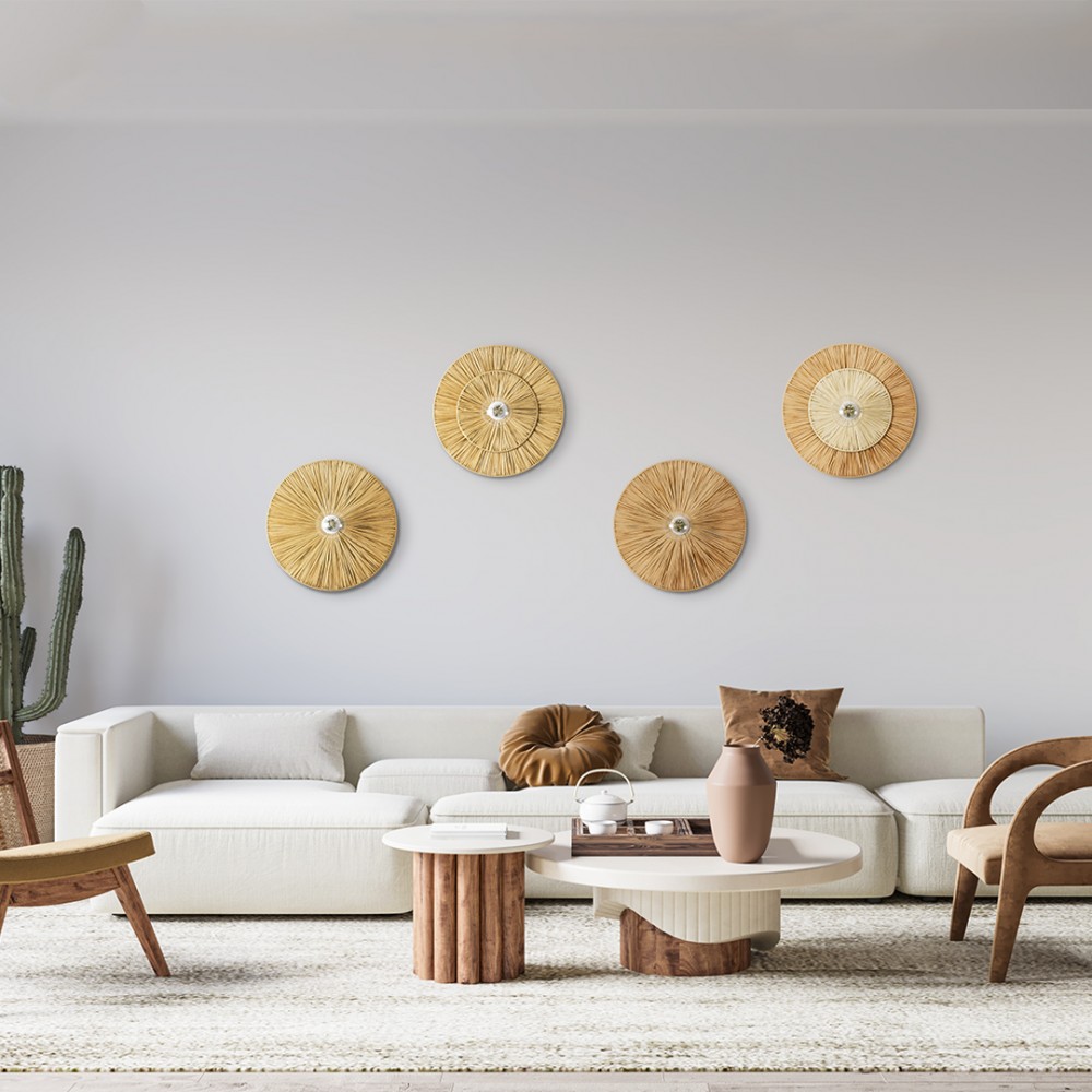 GloboStar® COLOMBO 02277 Boho Φωτιστικό Τοίχου - Απλίκα Μονόφωτο 1 x E27 AC 220-240V IP20 - Φ40 x Υ4.5cm - Μπεζ Καφέ Φυσική Ράφια Άχυρο Πλέγμα - 5 Χρόνια Εγγύηση
