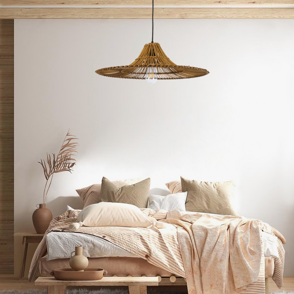 GloboStar® PALERMO 02310 Boho Κρεμαστό Φωτιστικό Οροφής Μονόφωτο 1 x E27 AC220-240V IP20 - Φ60 x Υ18cm - Μπεζ Καφέ Ξύλινο Μπαμπού Πλέγμα - 5 Χρόνια Εγγύηση