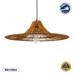 GloboStar® PALERMO 02310 Boho Κρεμαστό Φωτιστικό Οροφής Μονόφωτο 1 x E27 AC220-240V IP20 - Φ60 x Υ18cm - Μπεζ Καφέ Ξύλινο Μπαμπού Πλέγμα - 5 Χρόνια Εγγύηση