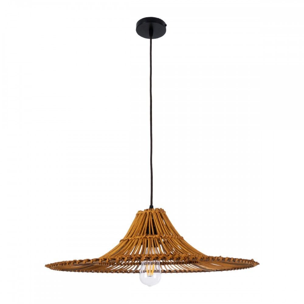 GloboStar® PALERMO 02310 Boho Κρεμαστό Φωτιστικό Οροφής Μονόφωτο 1 x E27 AC220-240V IP20 - Φ60 x Υ18cm - Μπεζ Καφέ Ξύλινο Μπαμπού Πλέγμα - 5 Χρόνια Εγγύηση