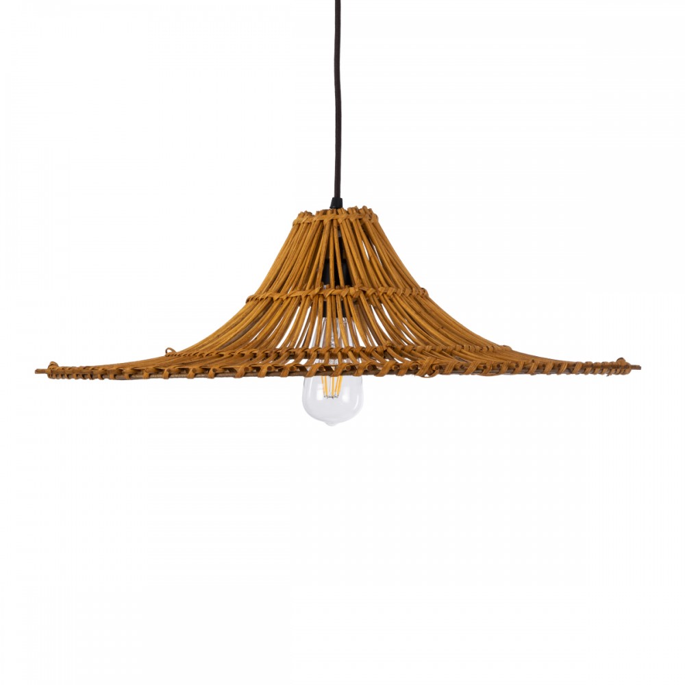 GloboStar® PALERMO 02310 Boho Κρεμαστό Φωτιστικό Οροφής Μονόφωτο 1 x E27 AC220-240V IP20 - Φ60 x Υ18cm - Μπεζ Καφέ Ξύλινο Μπαμπού Πλέγμα - 5 Χρόνια Εγγύηση