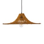 GloboStar® PALERMO 02310 Boho Κρεμαστό Φωτιστικό Οροφής Μονόφωτο 1 x E27 AC220-240V IP20 - Φ60 x Υ18cm - Μπεζ Καφέ Ξύλινο Μπαμπού Πλέγμα - 5 Χρόνια Εγγύηση