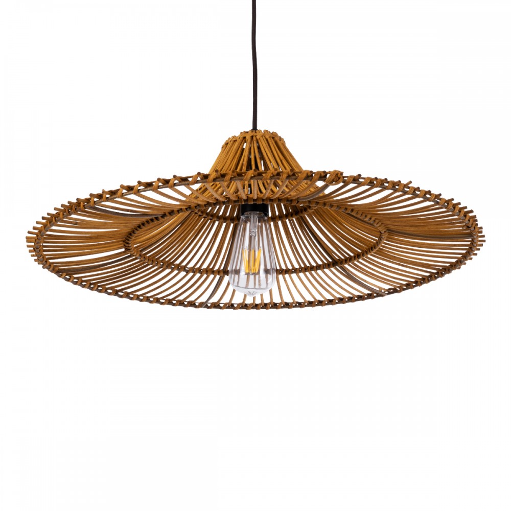 GloboStar® PALERMO 02310 Boho Κρεμαστό Φωτιστικό Οροφής Μονόφωτο 1 x E27 AC220-240V IP20 - Φ60 x Υ18cm - Μπεζ Καφέ Ξύλινο Μπαμπού Πλέγμα - 5 Χρόνια Εγγύηση